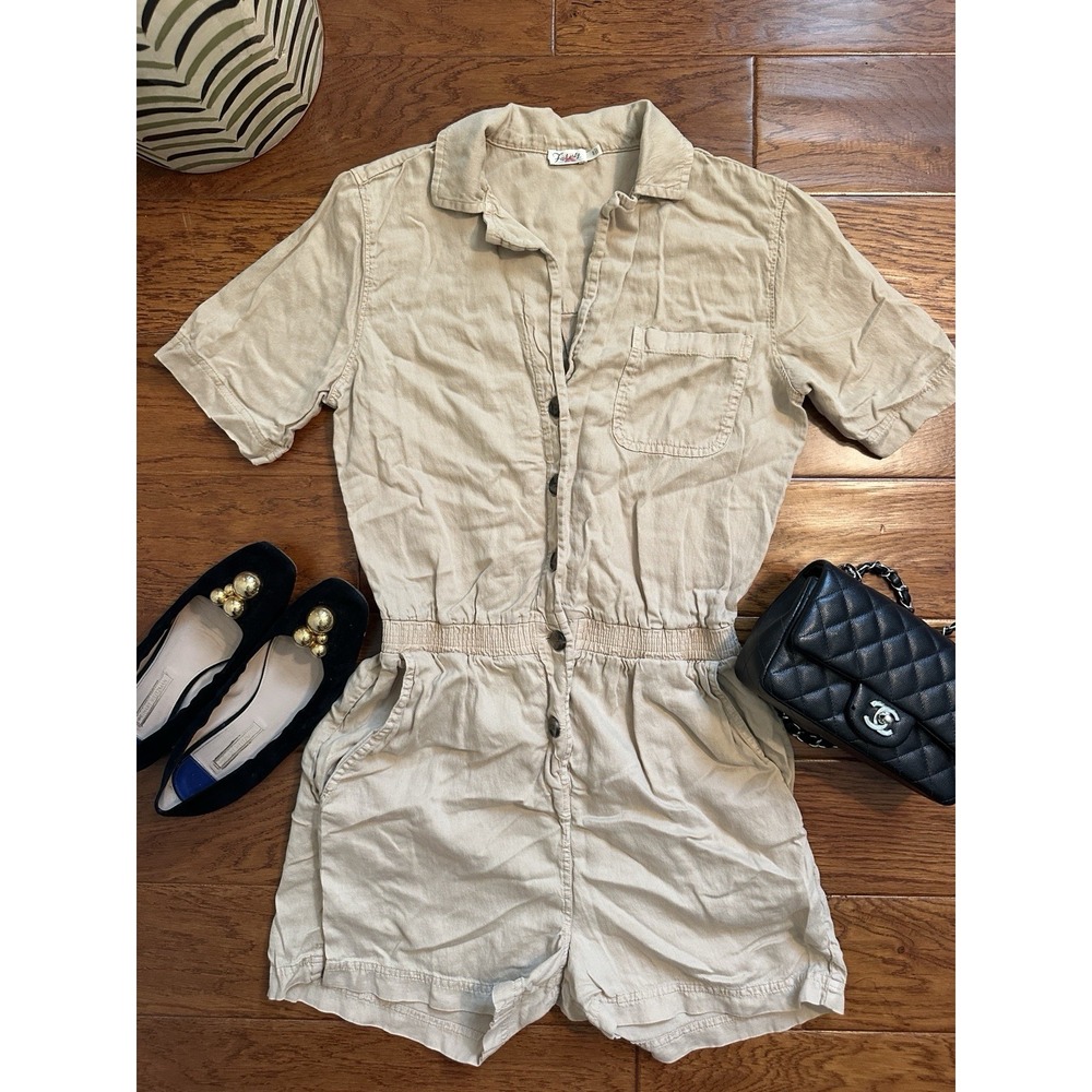 Faherty Arlie Day Tan Linen Blend Button Front Short Sleeve Romper Size Small